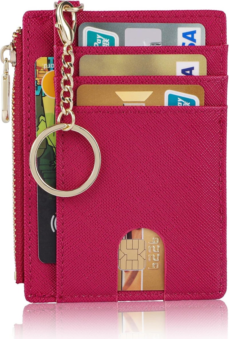 Suweibuke Slim Pocket Wallet, RFID Blocking Credit Card Holder Wallet with D-Shackle ID Window and Detachable keychain for Women (A-Burgundy Red) - Image 1